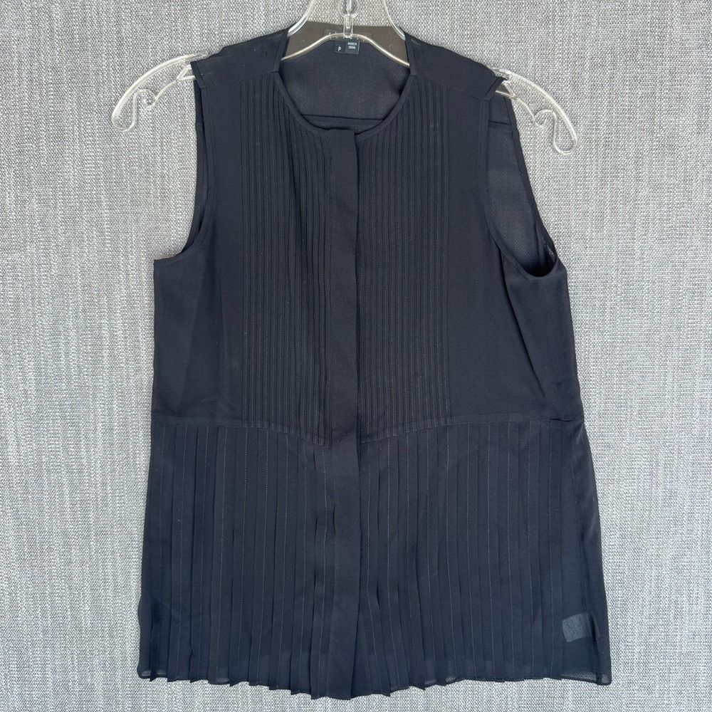 Theory Blouse Womens P Petite Black Silk Blend Pleated Sleeveless Shell Top